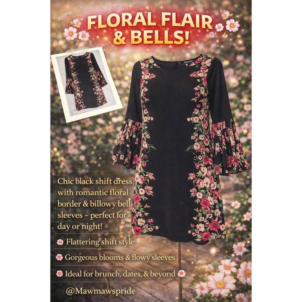 NWT INC International Concepts Floral Shift Dress Black Bell Sleeve Size 6